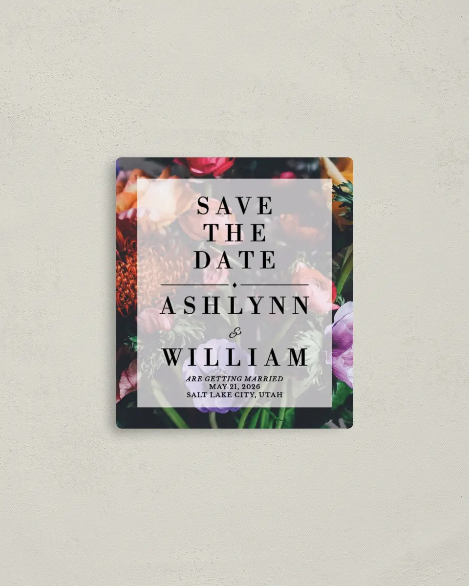This is a 3½" x 4" Save the Date Magnet called Border Bloom printed in full color with a Luxe Satin finish