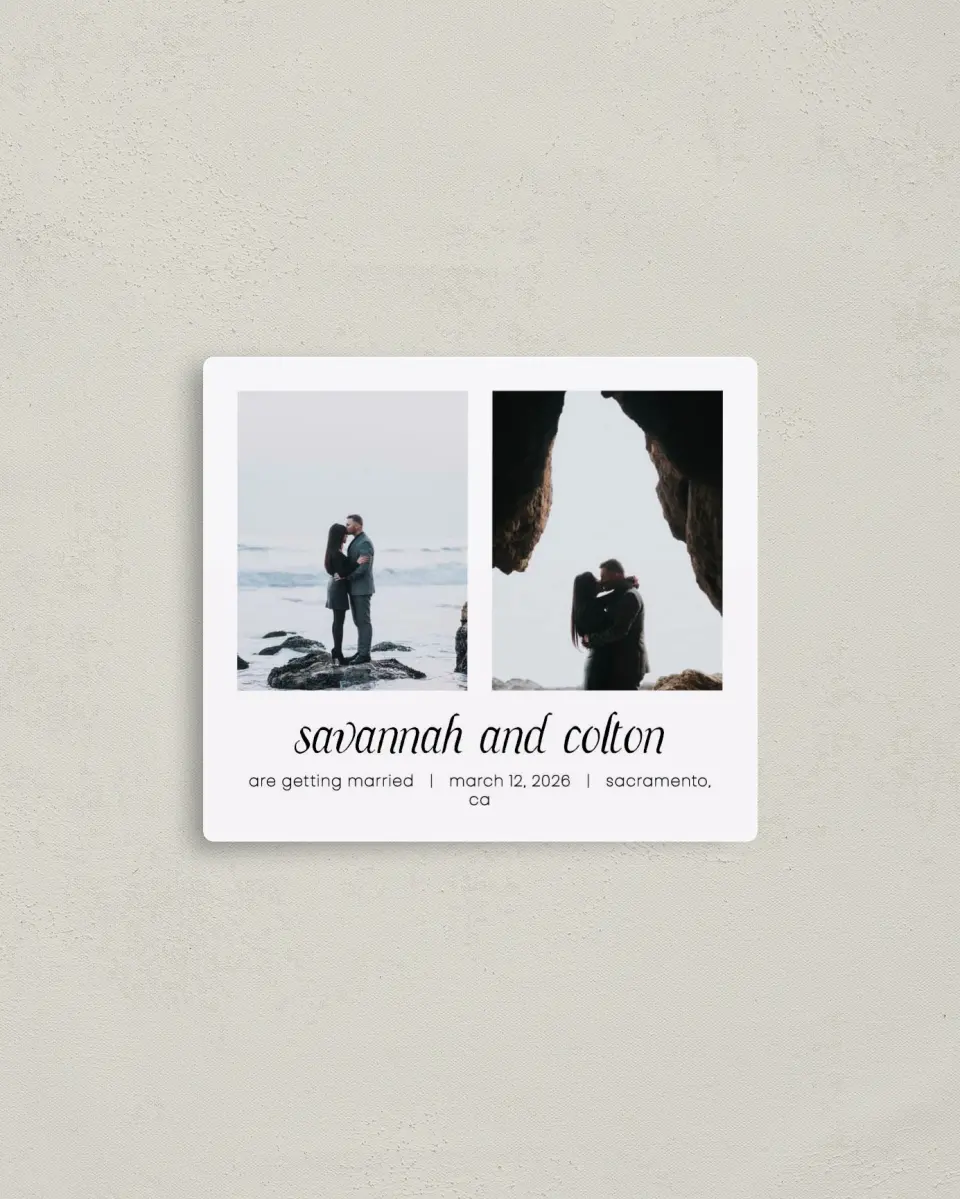 This is a 3½" x 4" Save the Date Magnet called Happening! printed in full color with a Luxe Satin finish