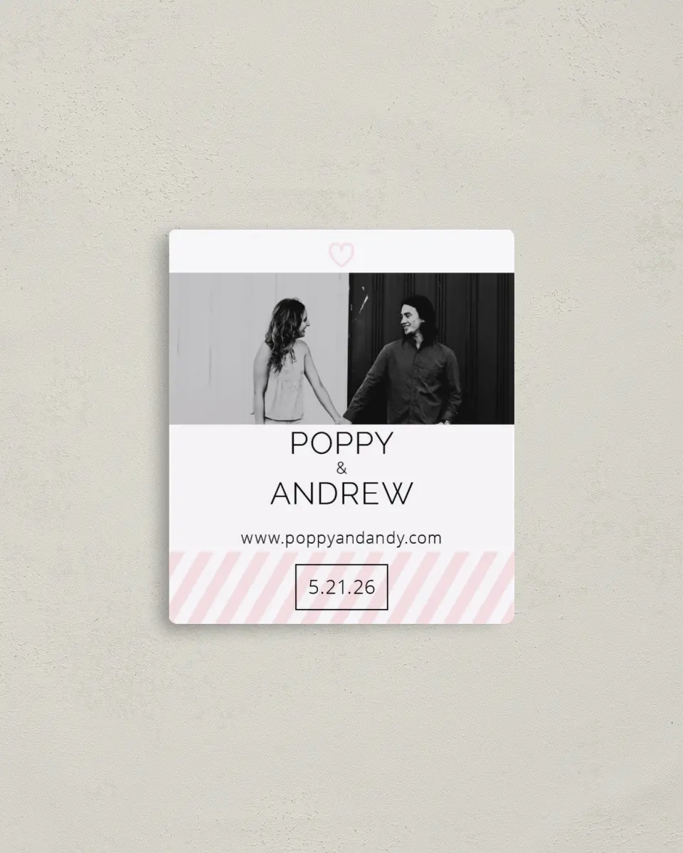 This is a 3½" x 4" Save the Date Magnet called Love at Last printed in full color with Rose Gold foil and a Luxe Satin finish