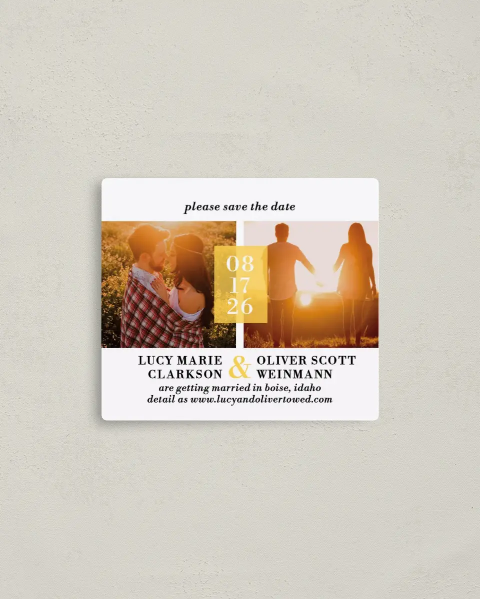 This is a 3½" x 4" Save the Date Magnet called Love + Sunshine printed in full color with a Luxe Satin finish