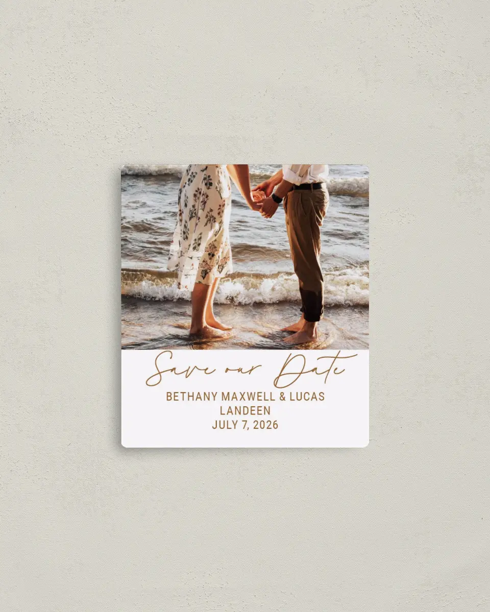 This is a 3½" x 4" Save the Date Magnet called Forever Stylish printed in full color with Rose Gold foil and a Luxe Satin finish