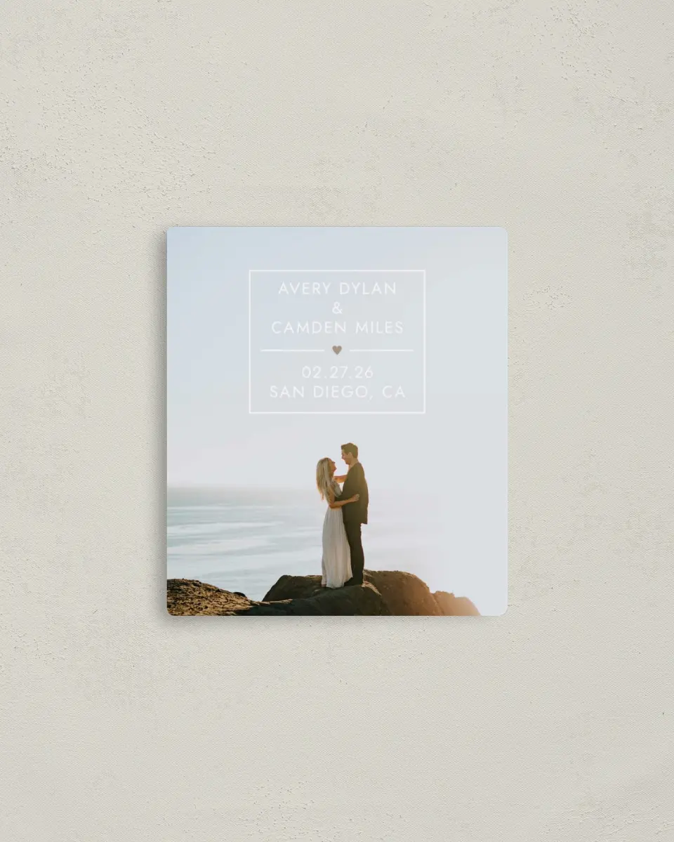 This is a 3½" x 4" Save the Date Magnet called Majestic Heart printed in full color with Rose Gold foil and a Luxe Satin finish