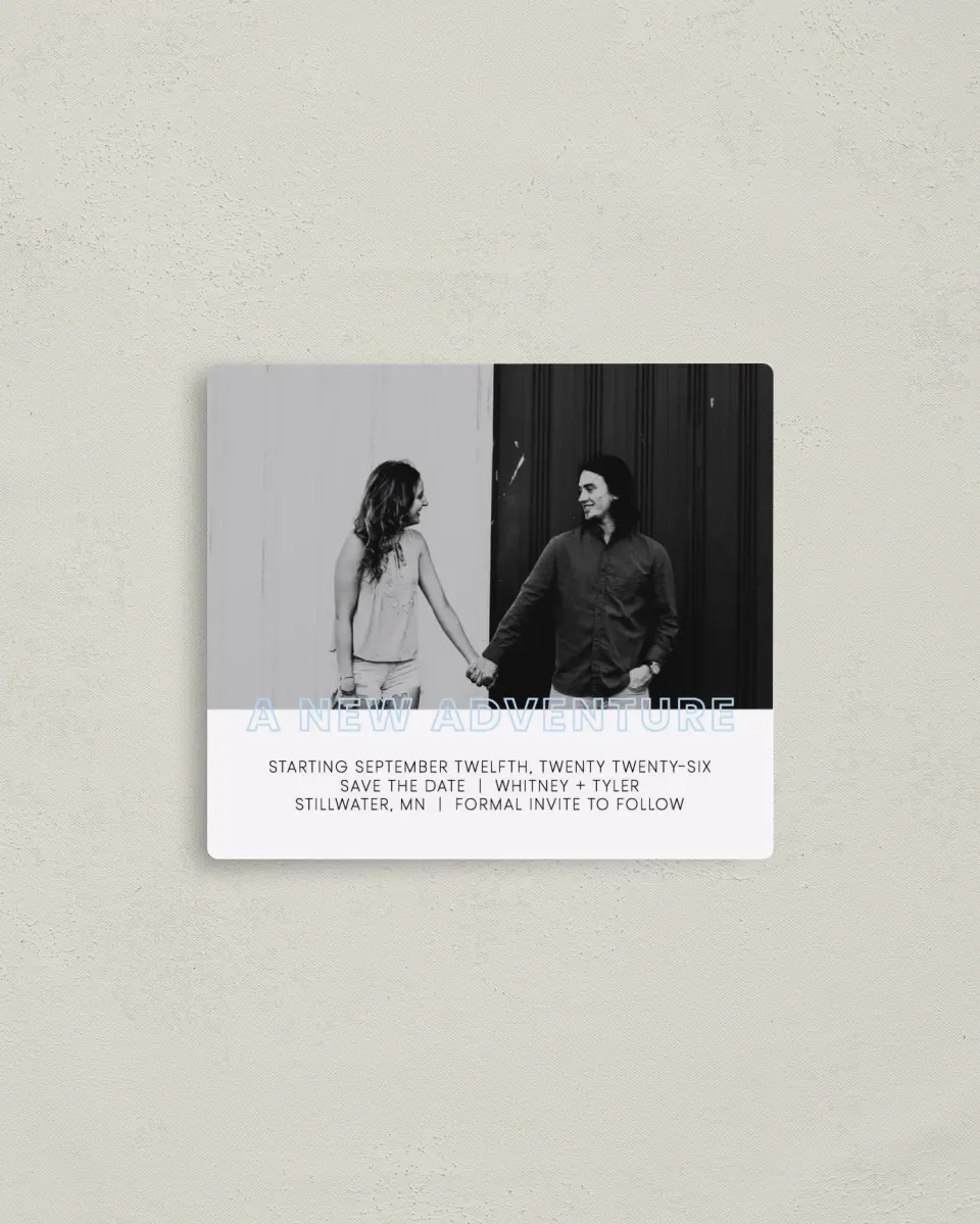 This is a 3½" x 4" Save the Date Magnet called Love is an Adventure printed in full color with a Luxe Satin finish