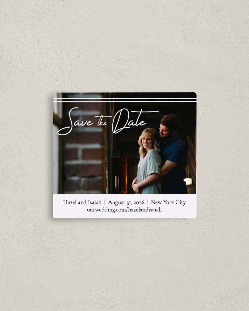 This is a 3½" x 4" Save the Date Magnet called Exquisite Date printed in full color with a Luxe Satin finish