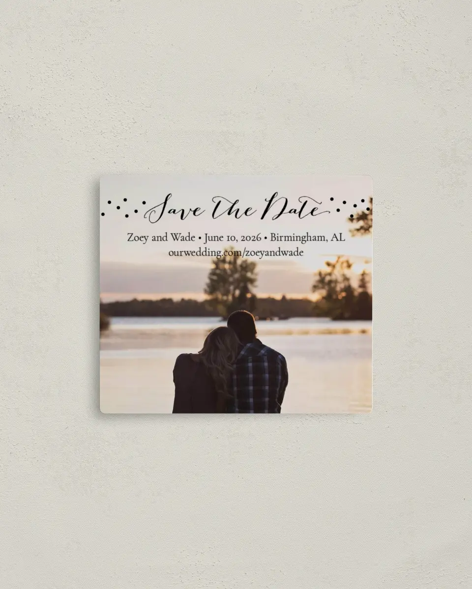 This is a 3½" x 4" Save the Date Magnet called Crafty Dots printed in full color with a Luxe Satin finish