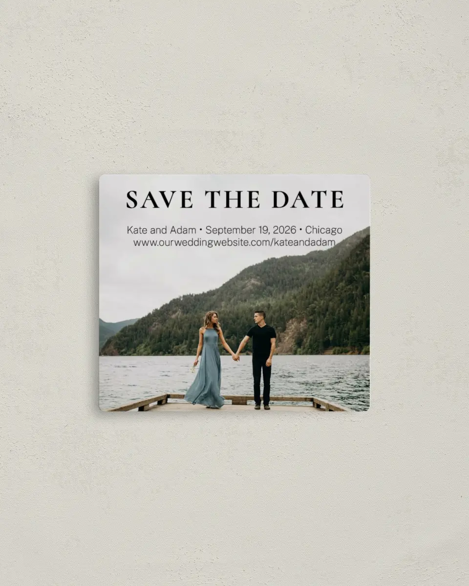 This is a 3½" x 4" Save the Date Magnet called Forever Us printed in full color with a Luxe Satin finish