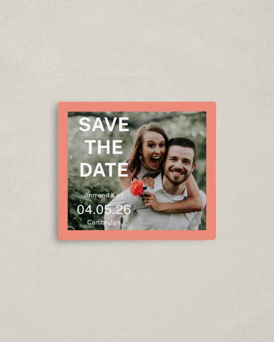 This is a 3½" x 4" Save the Date Magnet called Joyous Expression printed in full color with a Luxe Satin finish
