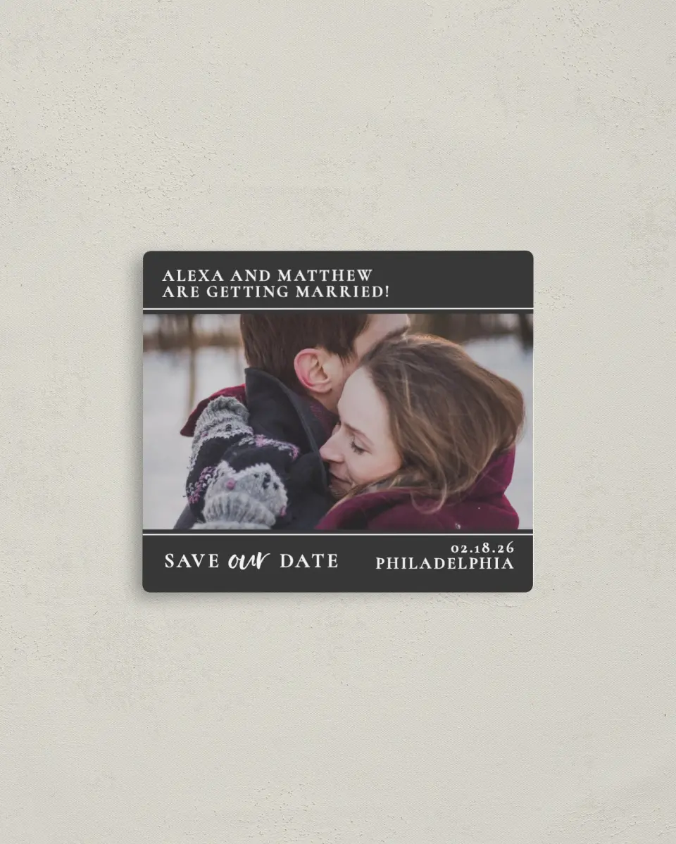 This is a 3½" x 4" Save the Date Magnet called Dashing Date printed in full color with a Luxe Satin finish