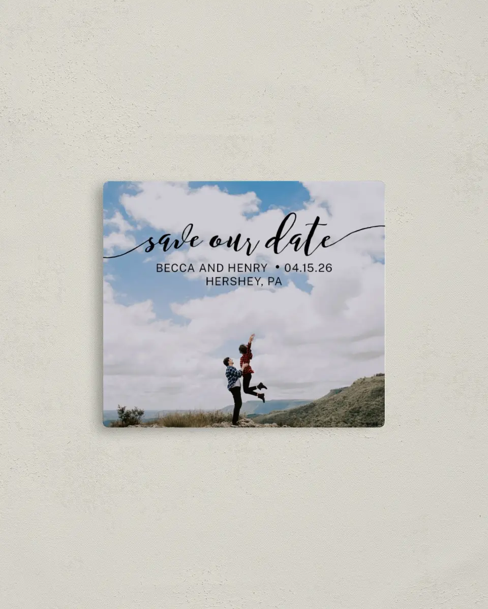 This is a 3½" x 4" Save the Date Magnet called Avid Affection printed in full color with a Luxe Satin finish