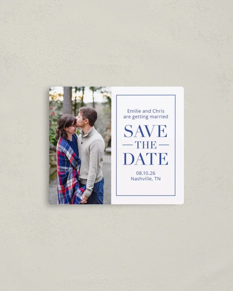 This is a 3½" x 4" Save the Date Magnet called Totally In Love printed in full color with a Luxe Satin finish