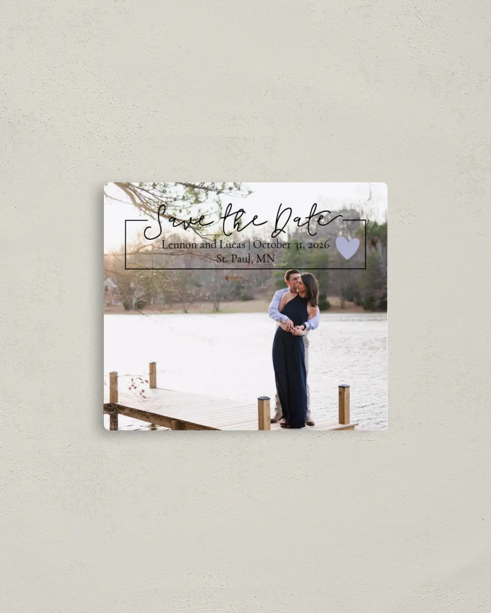 This is a 3½" x 4" Save the Date Magnet called Dancing Hearts printed in full color with a Luxe Satin finish