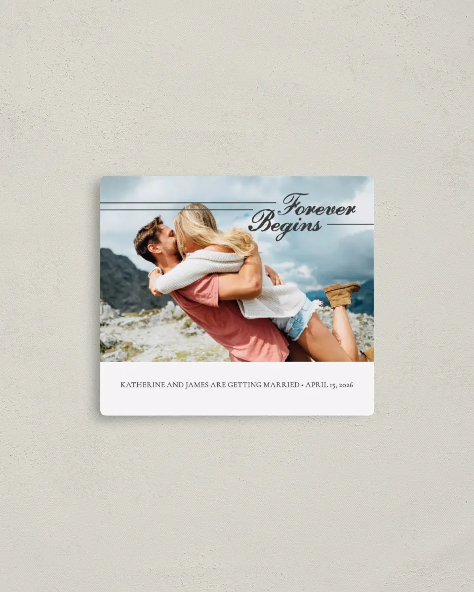 This is a 3½" x 4" Save the Date Magnet called Our Prelude printed in full color with a Luxe Satin finish