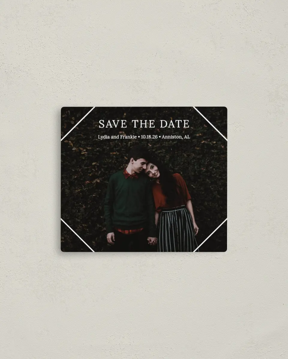This is a 3½" x 4" Save the Date Magnet called Intertwined Diamond printed in full color with a Luxe Satin finish