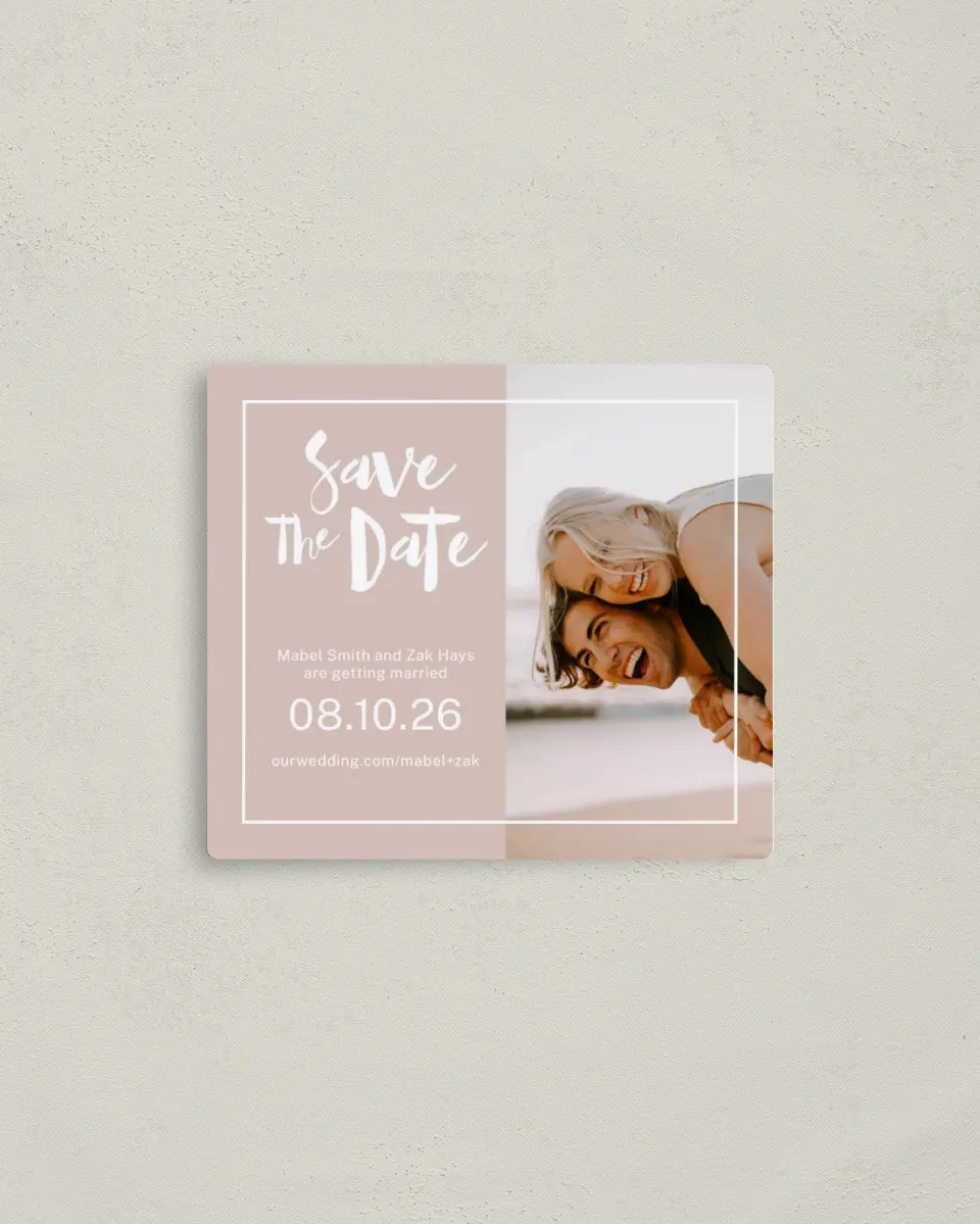 This is a 3½" x 4" Save the Date Magnet called A Perfect Fit printed in full color with a Luxe Satin finish