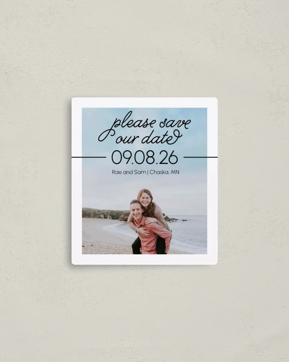 This is a 3½" x 4" Save the Date Magnet called Dreamy Moment printed in full color with Rose Gold foil and a Luxe Satin finish