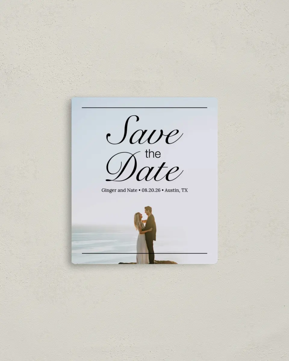 This is a 3½" x 4" Save the Date Magnet called On Top of the World printed in full color with a Luxe Satin finish