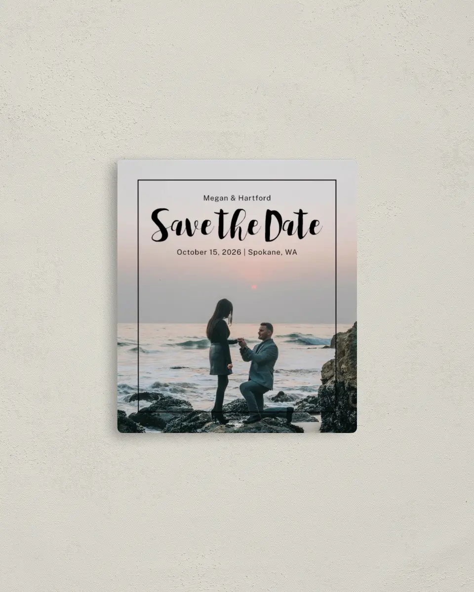 This is a 3½" x 4" Save the Date Magnet called Tranquil Moment printed in full color with a Luxe Satin finish