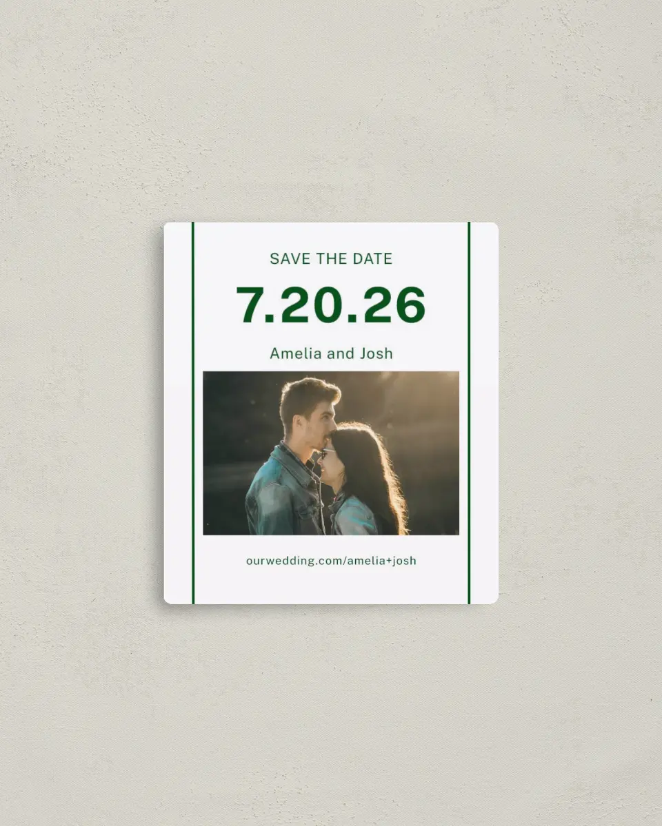 This is a 3½" x 4" Save the Date Magnet called Standout Date printed in full color with a Luxe Satin finish