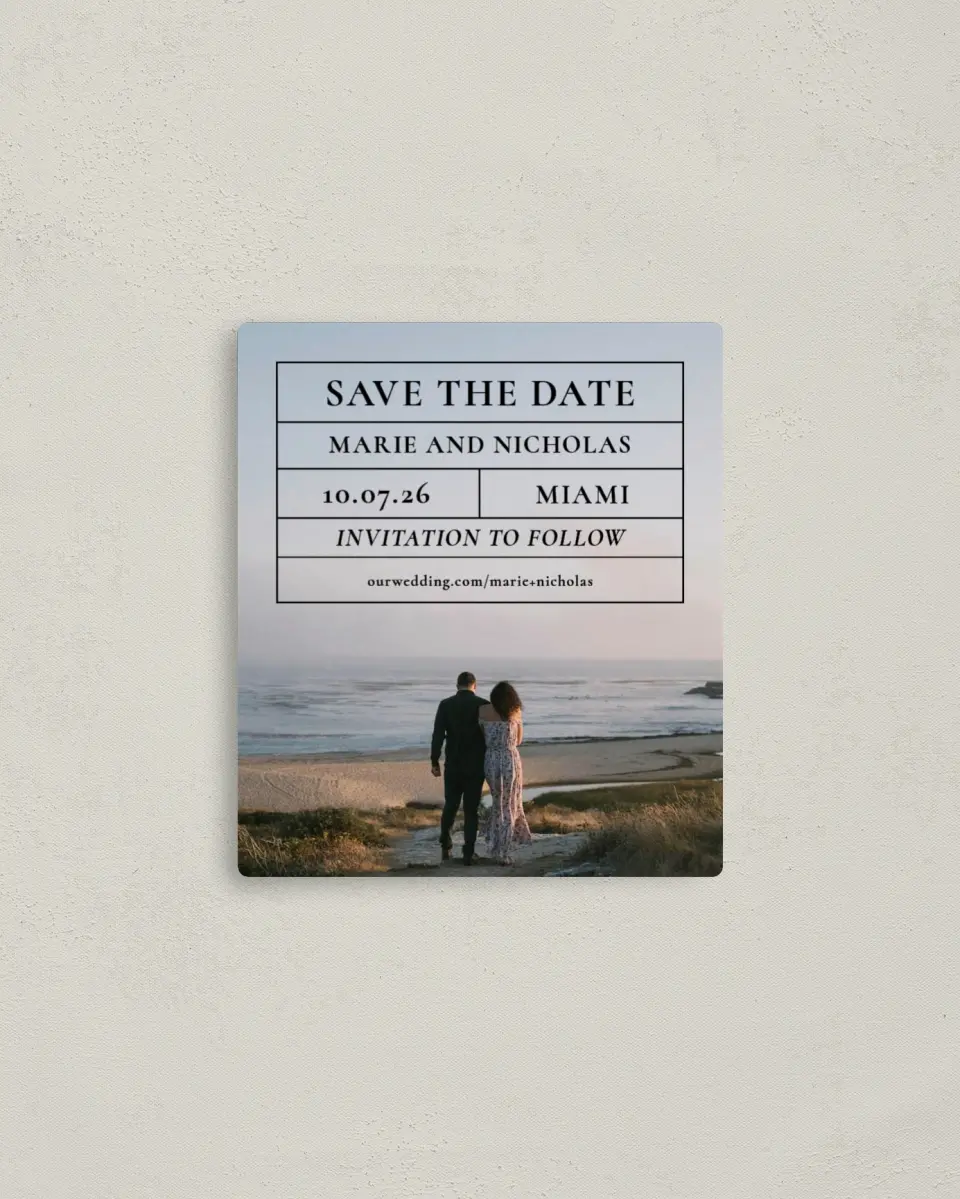 This is a 3½" x 4" Save the Date Magnet called Headliner Love printed in full color with a Luxe Satin finish