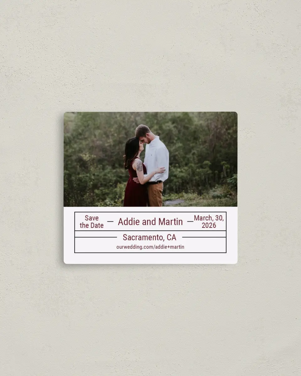This is a 3½" x 4" Save the Date Magnet called Simply Devoted printed in full color with a Luxe Satin finish