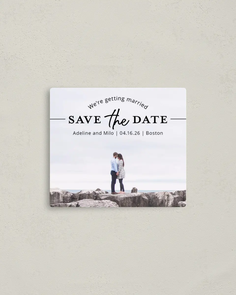 This is a 3½" x 4" Save the Date Magnet called Rock Solid printed in full color with a Luxe Satin finish