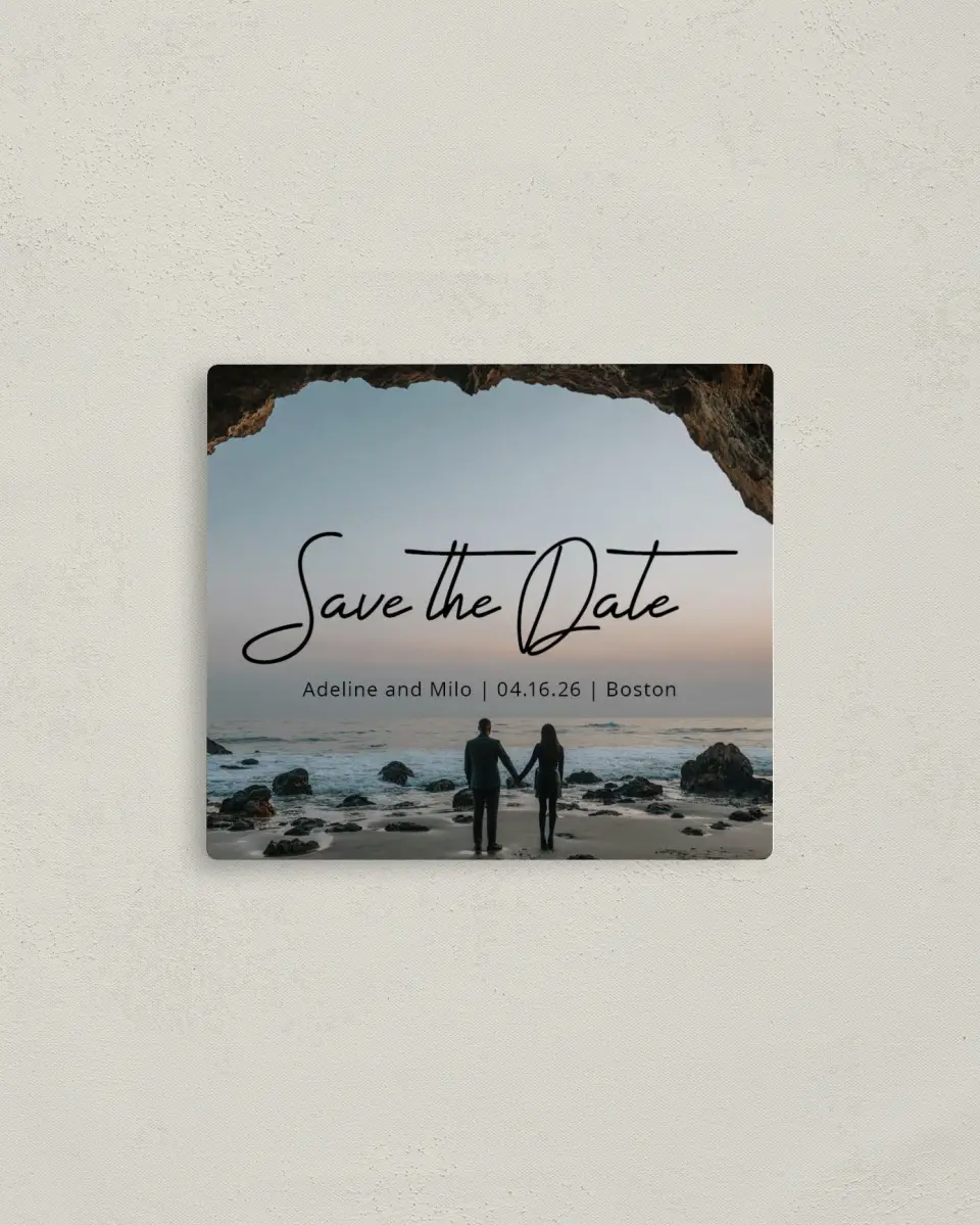 This is a 3½" x 4" Save the Date Magnet called Hidden Cove printed in full color with a Luxe Satin finish