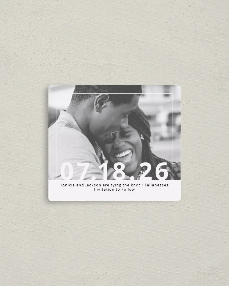 This is a 3½" x 4" Save the Date Magnet called Now + Forever printed in full color with a Luxe Satin finish
