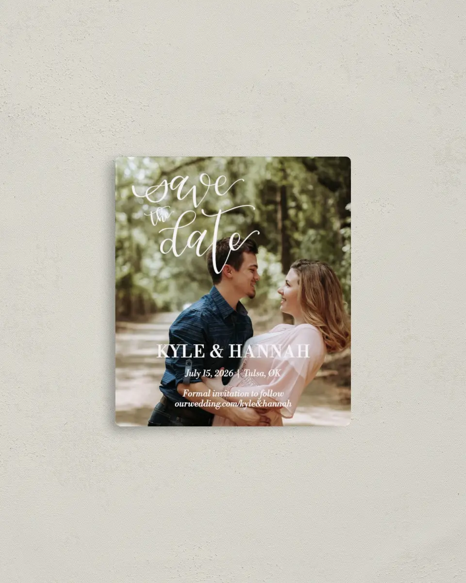 This is a 3½" x 4" Save the Date Magnet called Timeless Treasure printed in full color with a Luxe Satin finish