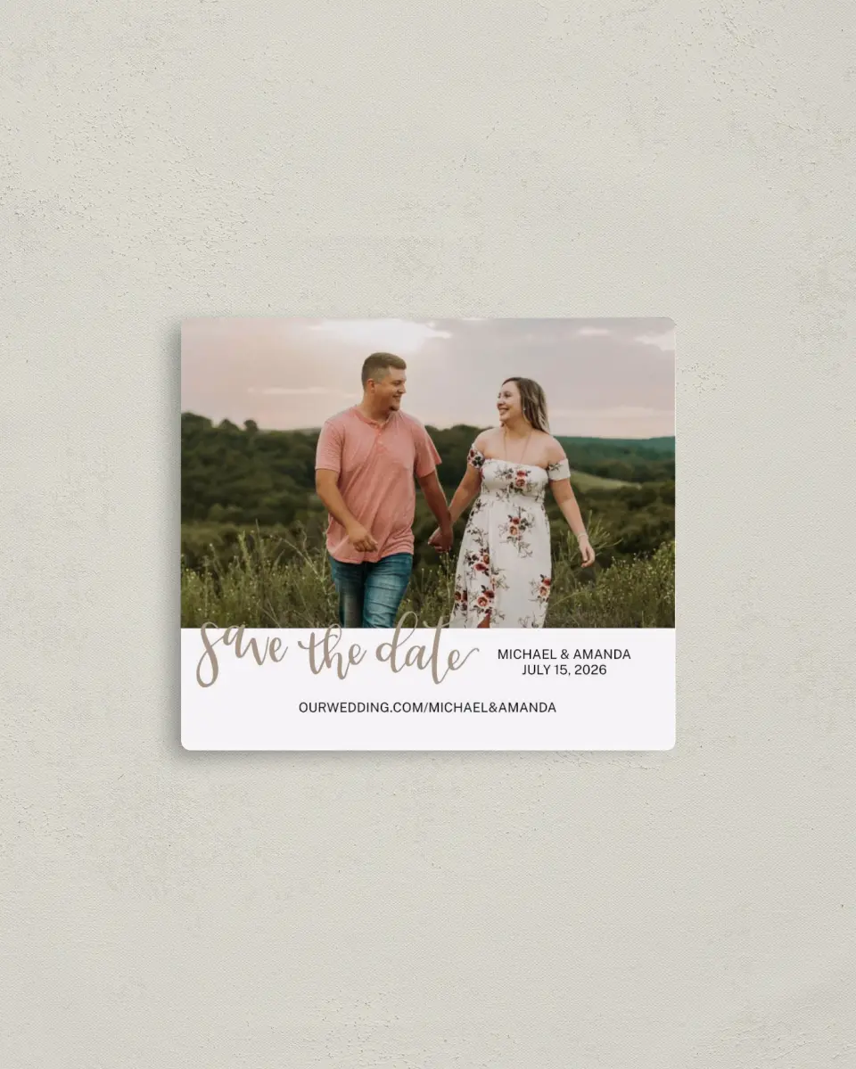 This is a 3½" x 4" Save the Date Magnet called Delightful Day printed in full color with a Luxe Satin finish