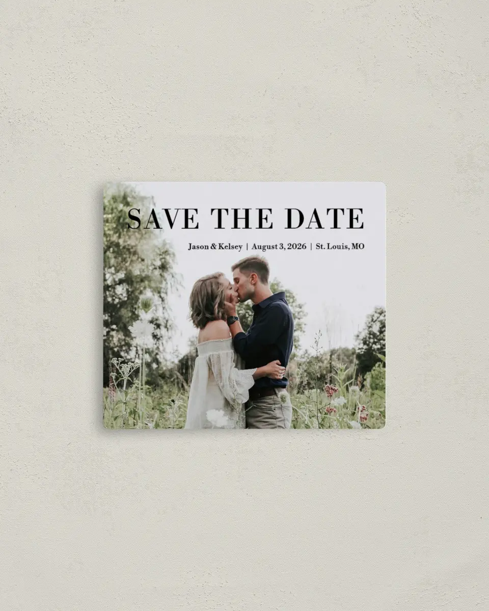 This is a 3½" x 4" Save the Date Magnet called Forever Together printed in full color with Rose Gold foil and a Luxe Satin finish