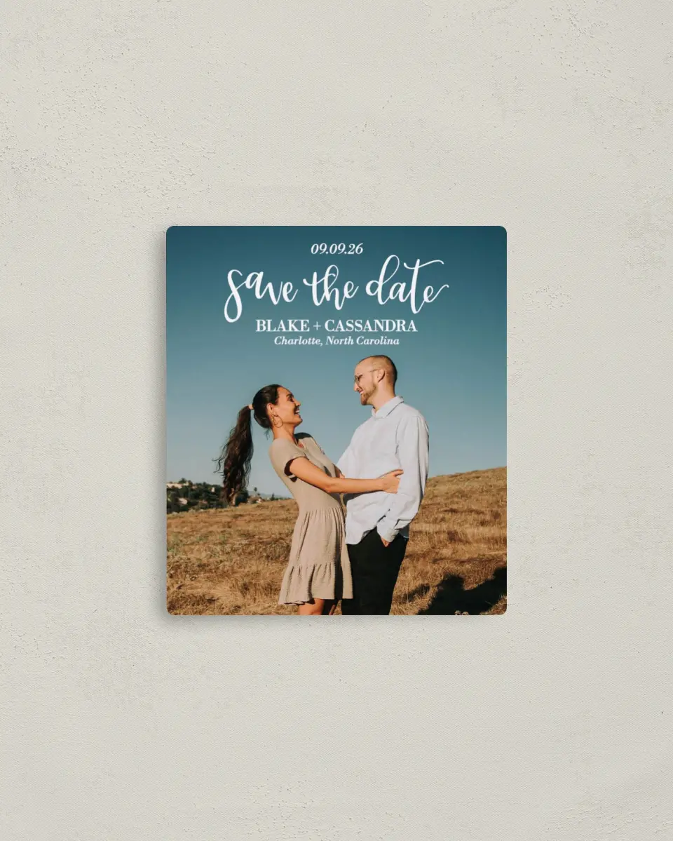 This is a 3½" x 4" Save the Date Magnet called Marry Magic printed in full color with a Luxe Satin finish