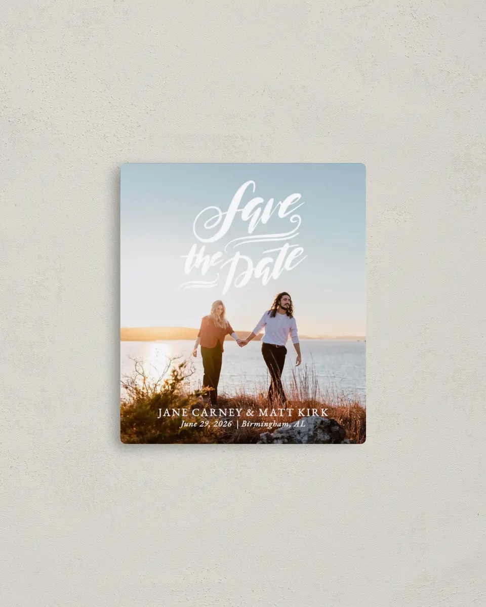 This is a 3½" x 4" Save the Date Magnet called Rooftop Romance printed in full color with a Luxe Satin finish