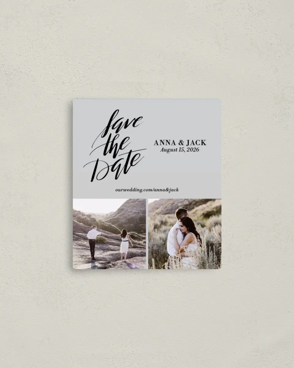 This is a 3½" x 4" Save the Date Magnet called Carefree Love printed in full color with a Luxe Satin finish