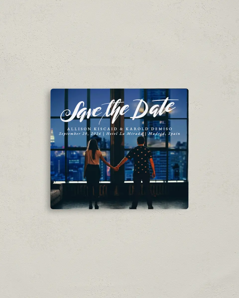 This is a 3½" x 4" Save the Date Magnet called Midnight Reflection printed in full color with a Luxe Satin finish