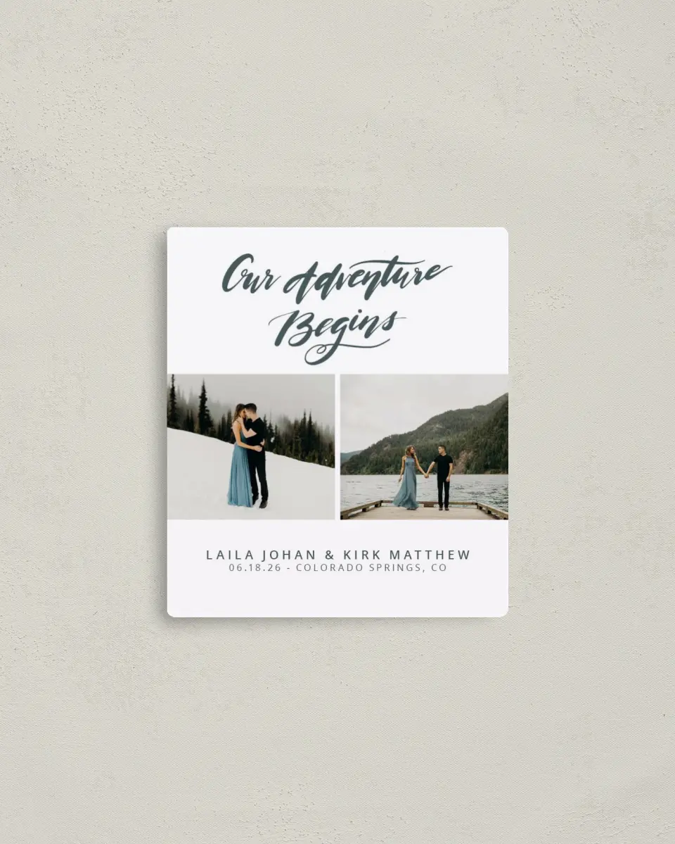 This is a 3½" x 4" Save the Date Magnet called Dream Adventure printed in full color with Rose Gold foil and a Luxe Satin finish