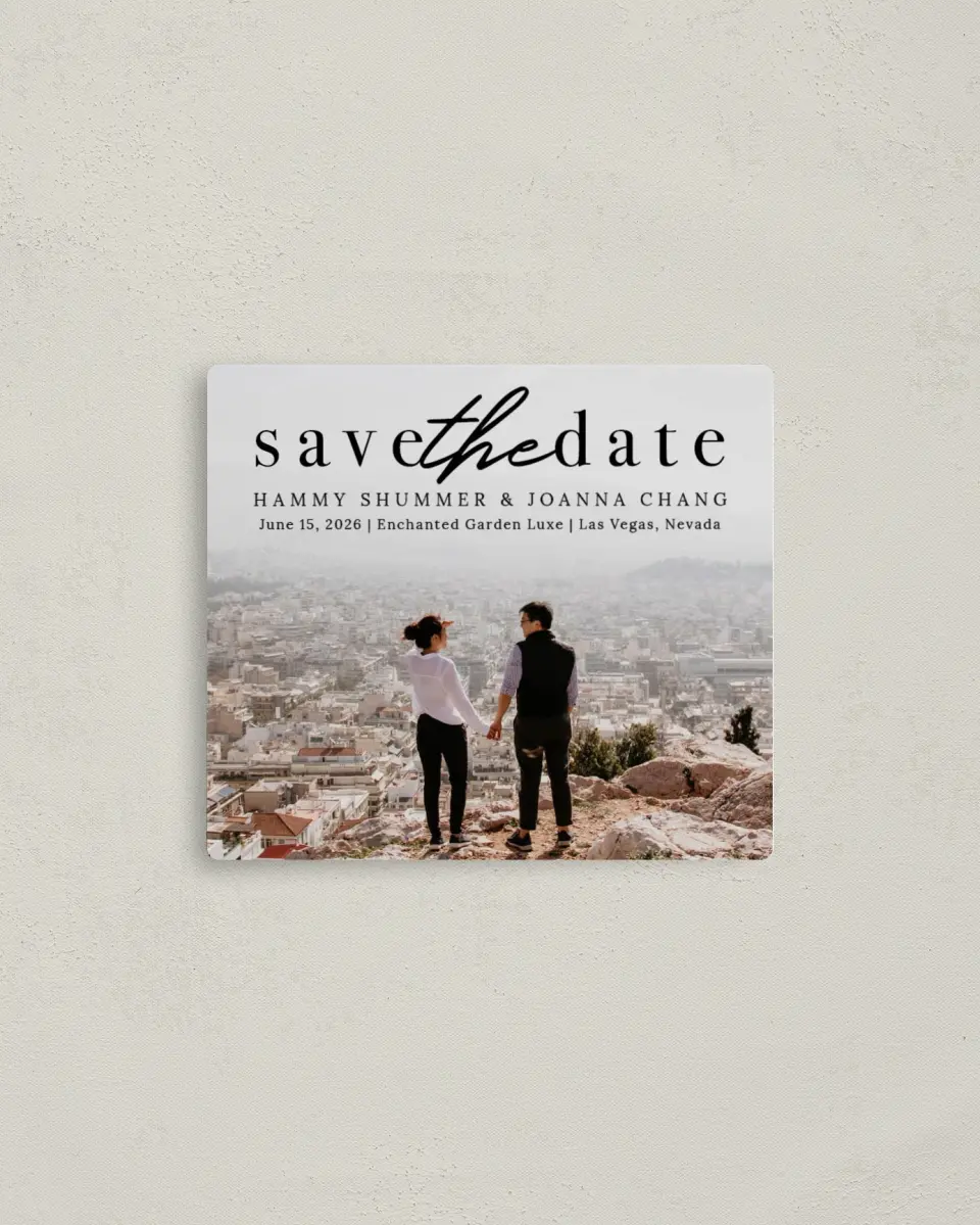 This is a 3½" x 4" Save the Date Magnet called Scenic Whisper printed in full color with a Luxe Satin finish