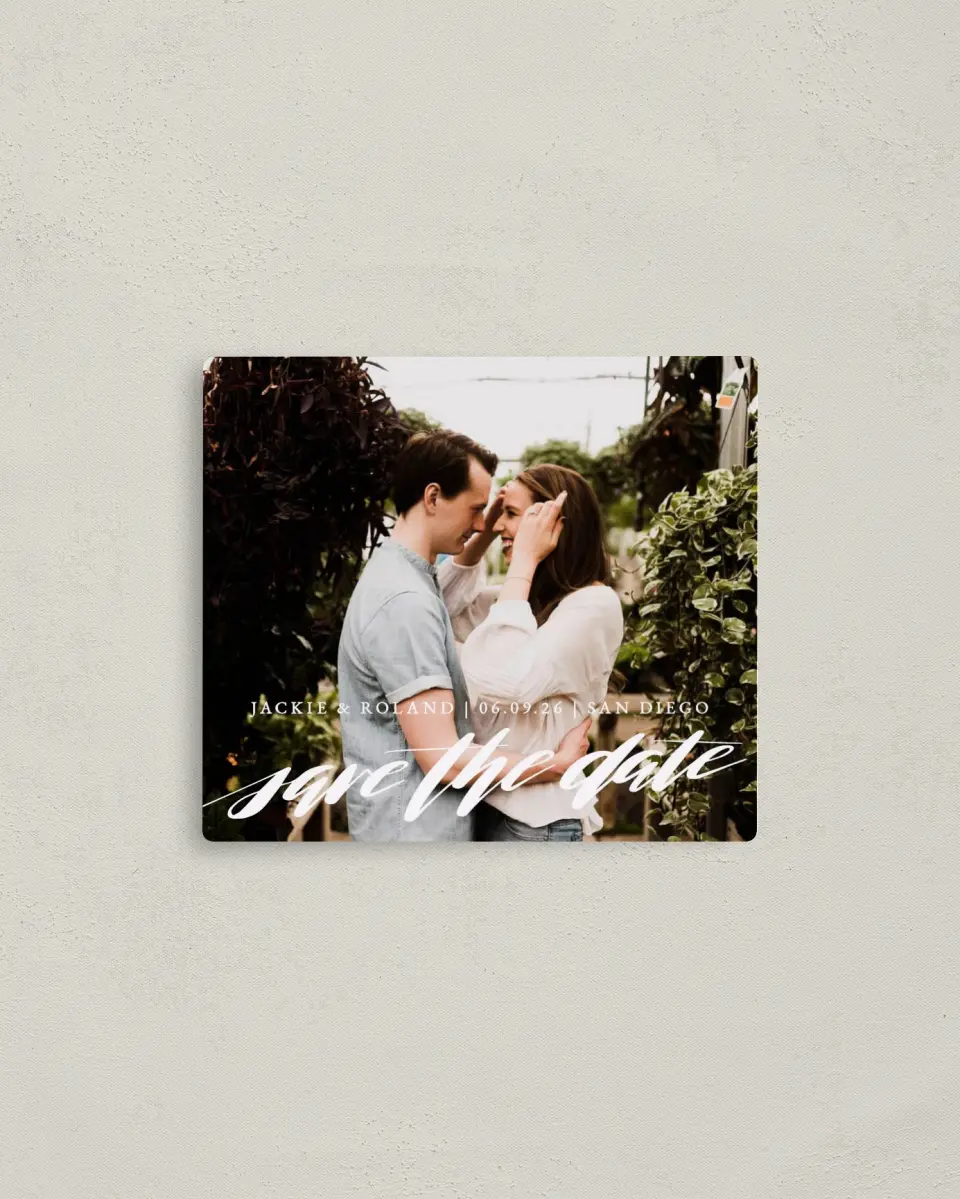 This is a 3½" x 4" Save the Date Magnet called Destination Dream printed in full color with a Luxe Satin finish