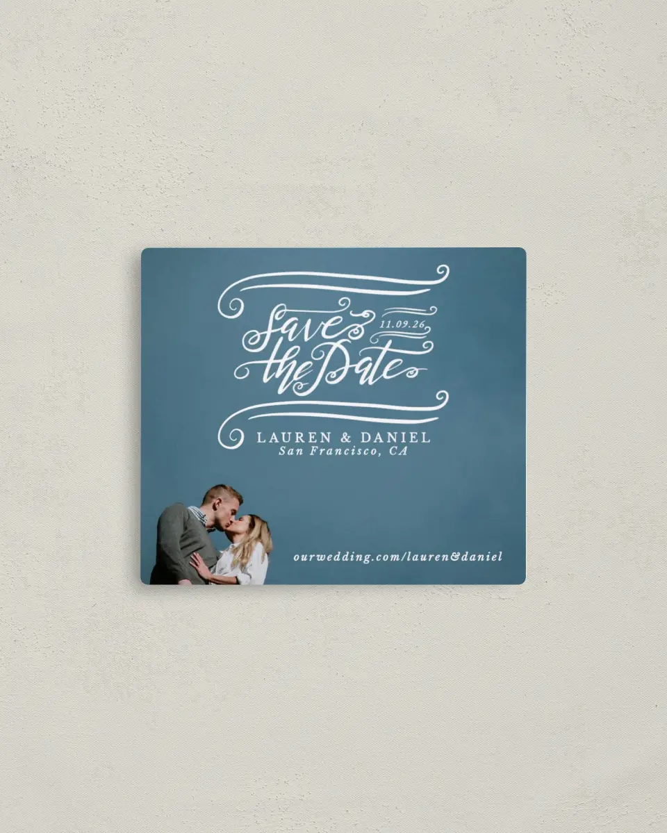 This is a 3½" x 4" Save the Date Magnet called Dizzy in Love printed in full color with a Luxe Satin finish