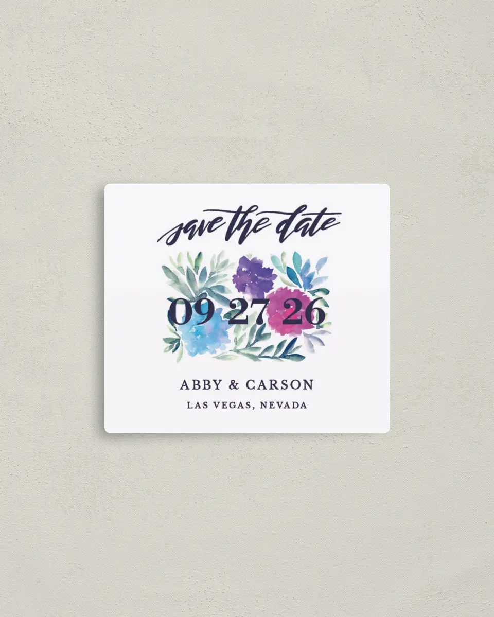 This is a 3½" x 4" Save the Date Magnet called Kissing Charm printed in full color with a Luxe Satin finish