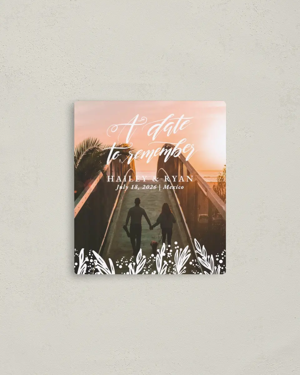 This is a 3½" x 4" Save the Date Magnet called Sunset Dream printed in full color with Rose Gold foil and a Luxe Satin finish