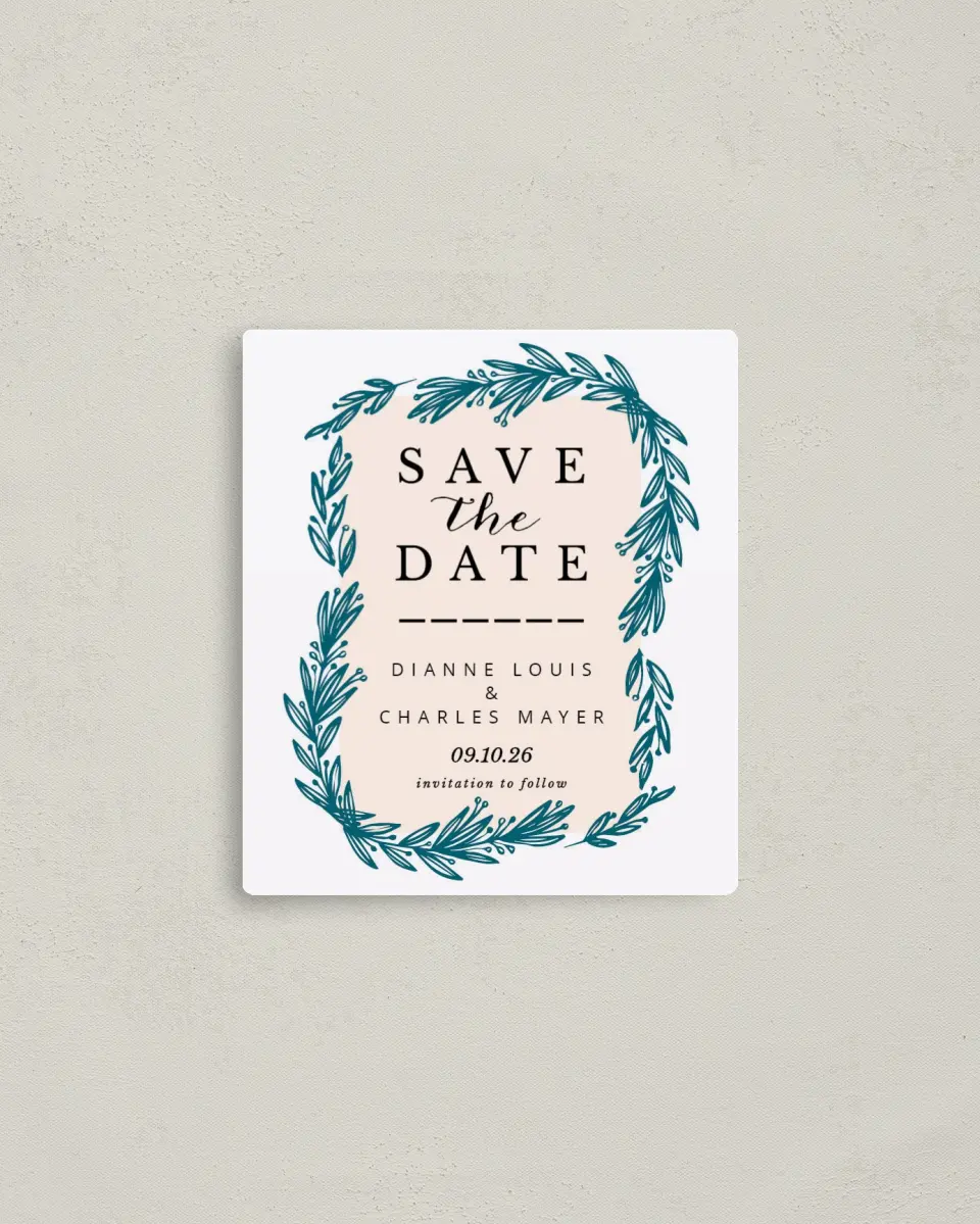 This is a 3½" x 4" Save the Date Magnet called Lovely Leaves printed in full color with a Luxe Satin finish