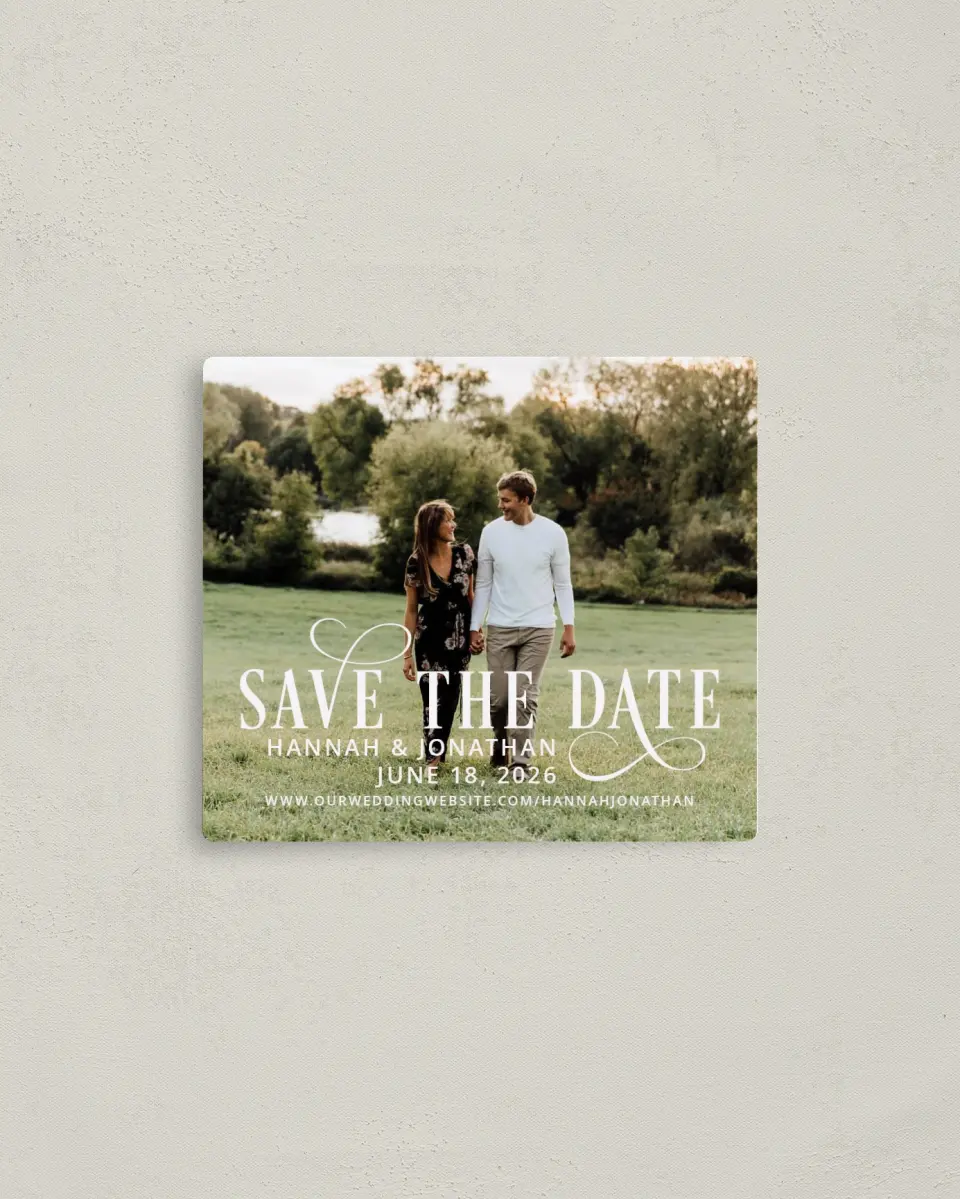 This is a 3½" x 4" Save the Date Magnet called Love Infinity printed in full color with a Luxe Satin finish