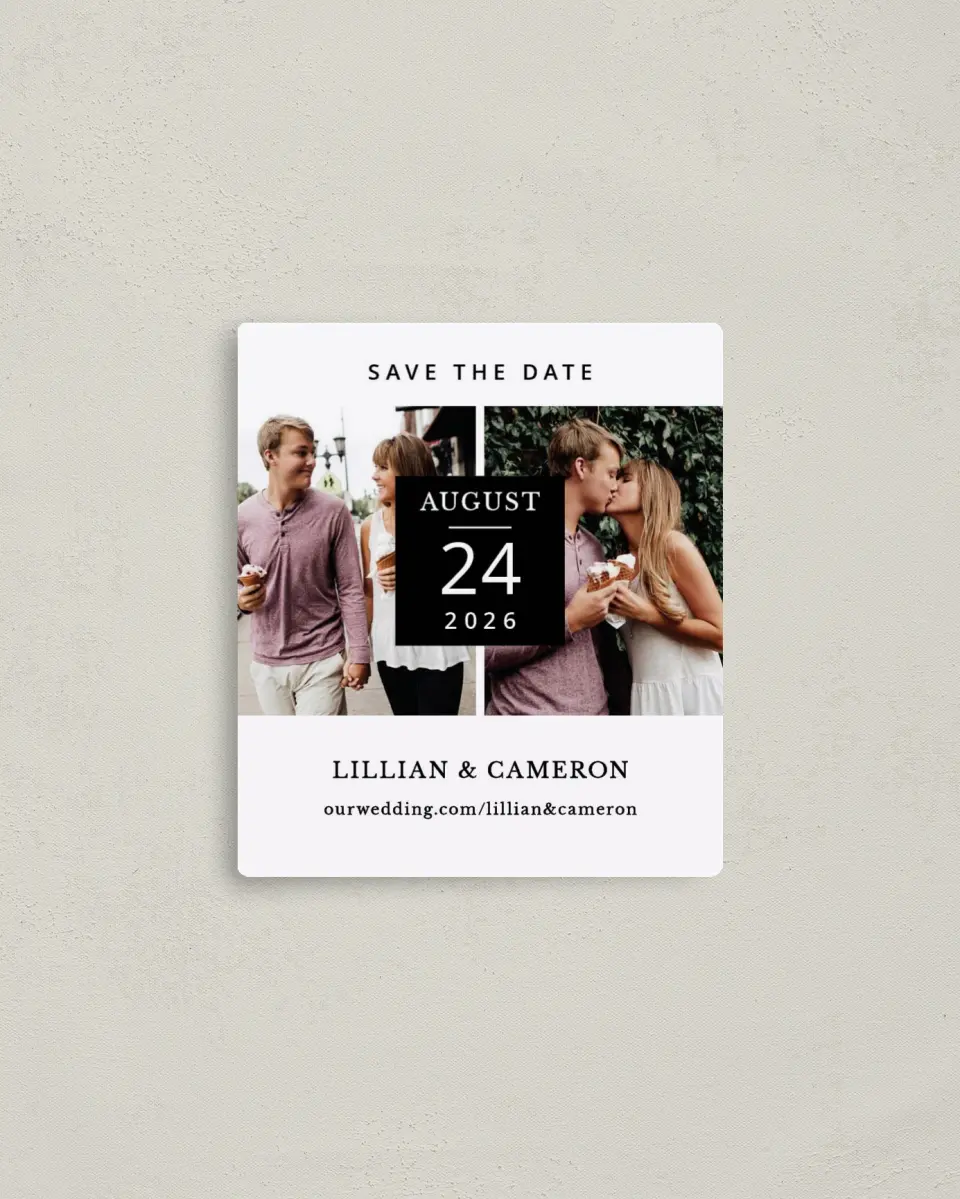 This is a 3½" x 4" Save the Date Magnet called Framed Four printed in full color with a Luxe Satin finish