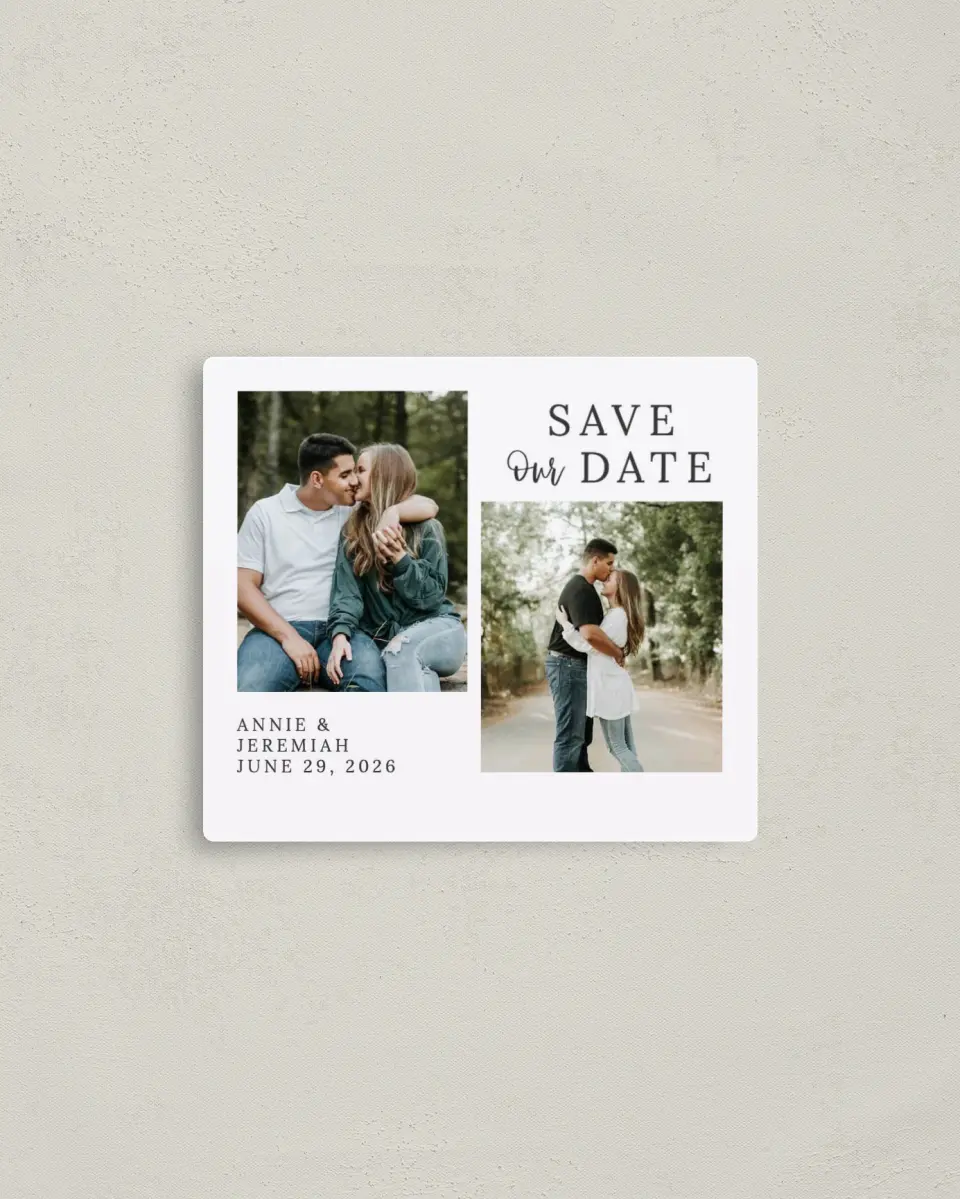 This is a 3½" x 4" Save the Date Magnet called Sweetly Composed printed in full color with a Luxe Satin finish