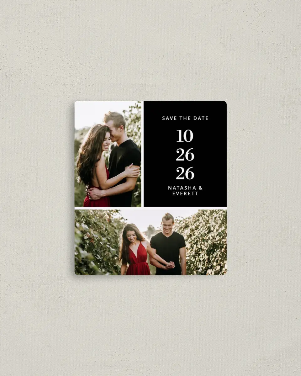 This is a 3½" x 4" Save the Date Magnet called Multitude Magic printed in full color with a Luxe Satin finish