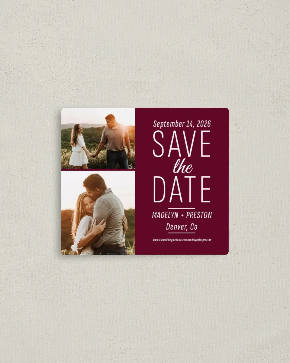 This is a 3½" x 4" Save the Date Magnet called Romantic Glow printed in full color with a Luxe Satin finish