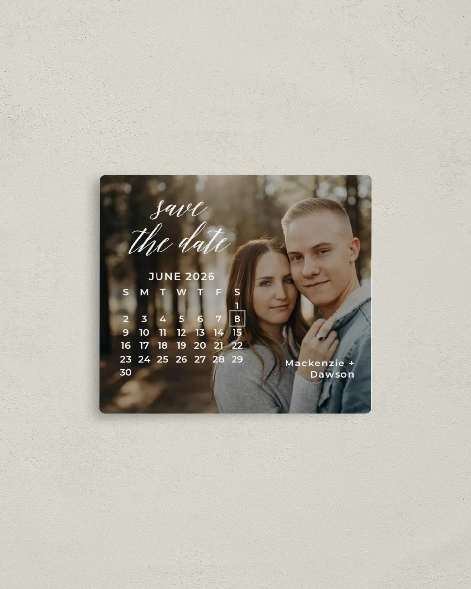 This is a 3½" x 4" Save the Date Magnet called The Big Date printed in full color with a Luxe Satin finish