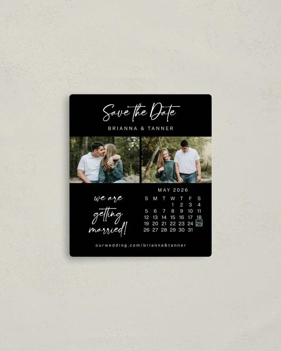 This is a 3½" x 4" Save the Date Magnet called It's Our Date printed in full color with Rose Gold foil and a Luxe Satin finish