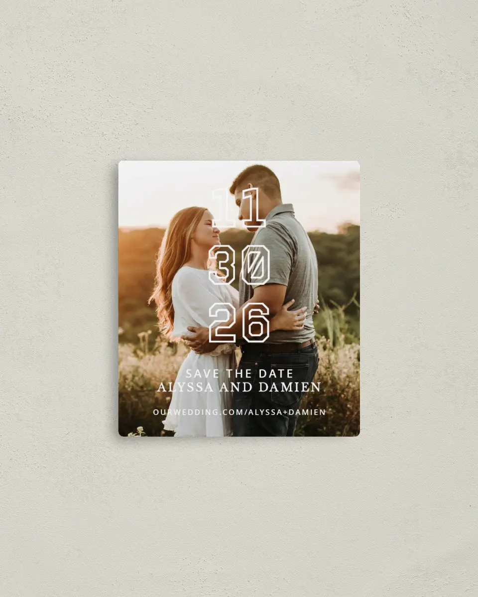 This is a 3½" x 4" Save the Date Magnet called Simply Stacked printed in full color with a Luxe Satin finish