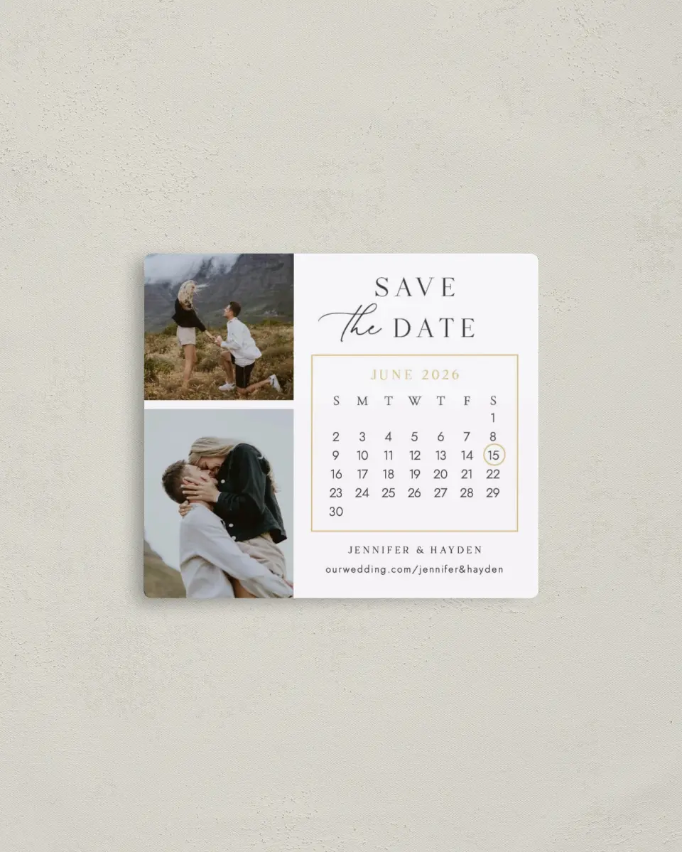 This is a 3½" x 4" Save the Date Magnet called Circle Our Date printed in full color with Rose Gold foil and a Luxe Satin finish